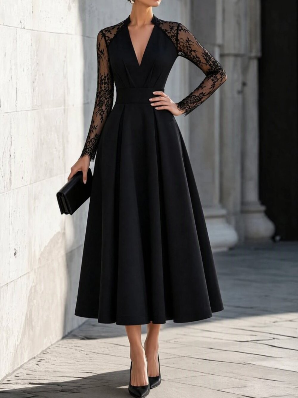 Elegant Sheer Lace Sleeve Fit and Flare Black Evening Midi Dress